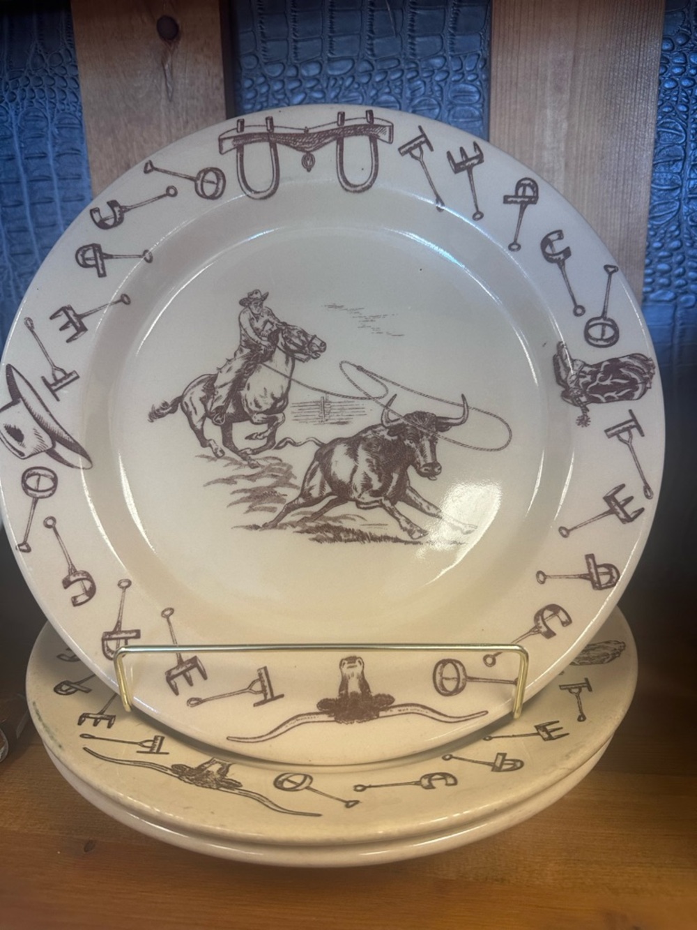 Western Ranch china Dinner Plate - Cream with Brown Rodeo Design